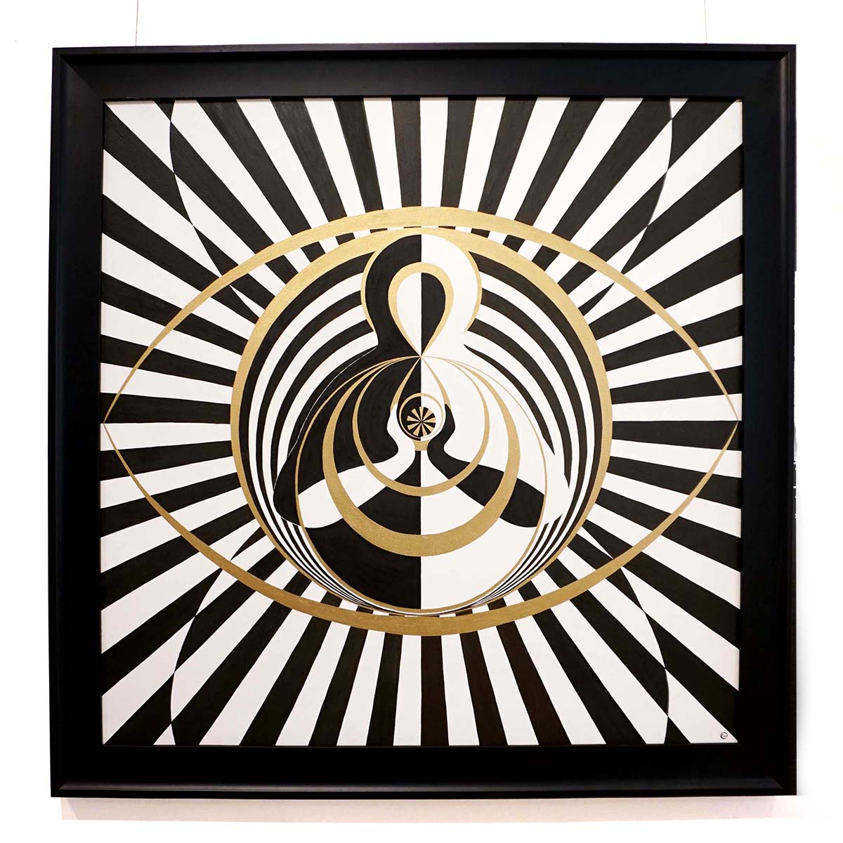 She Awakens - Oil on Canvas 90x90 cm featuring abstract black, white, and gold concentric patterns with an eye motif.