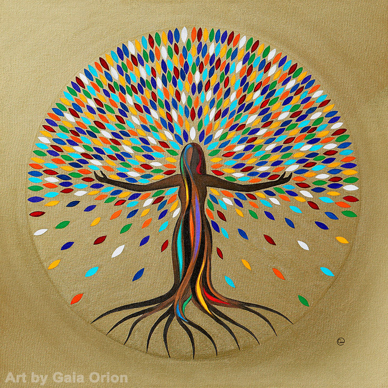 She Flourishes - Oil on canvas painting of a woman as a colorful tree symbolizing growth and diversity, 60 x 60 cm.