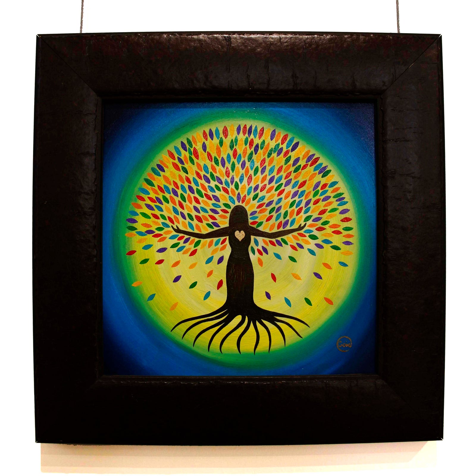 She Flourishes - Oil on Wood 20x20 cm showing a woman-tree silhouette with colorful leaves radiating growth and vitality.