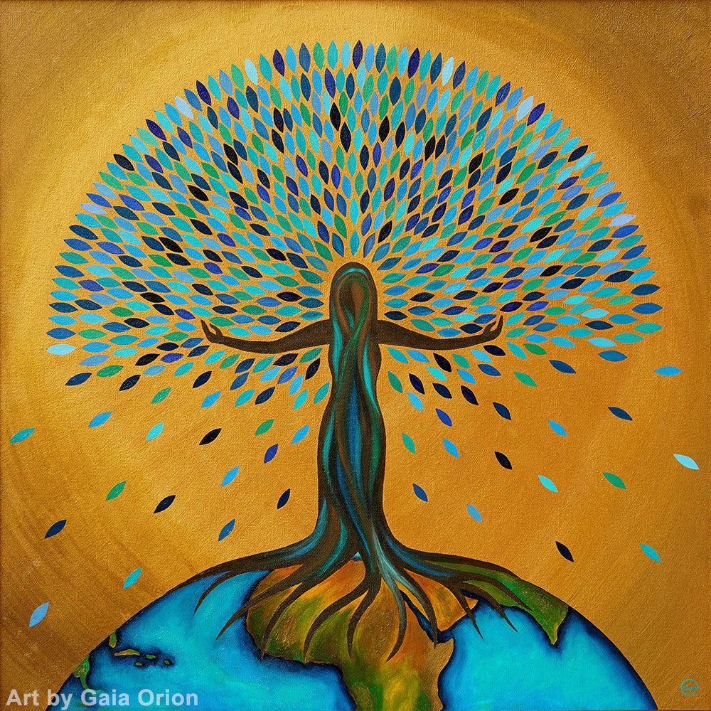 She Flourishes oil on canvas painting of a woman-tree figure with blue leaves on a golden background.