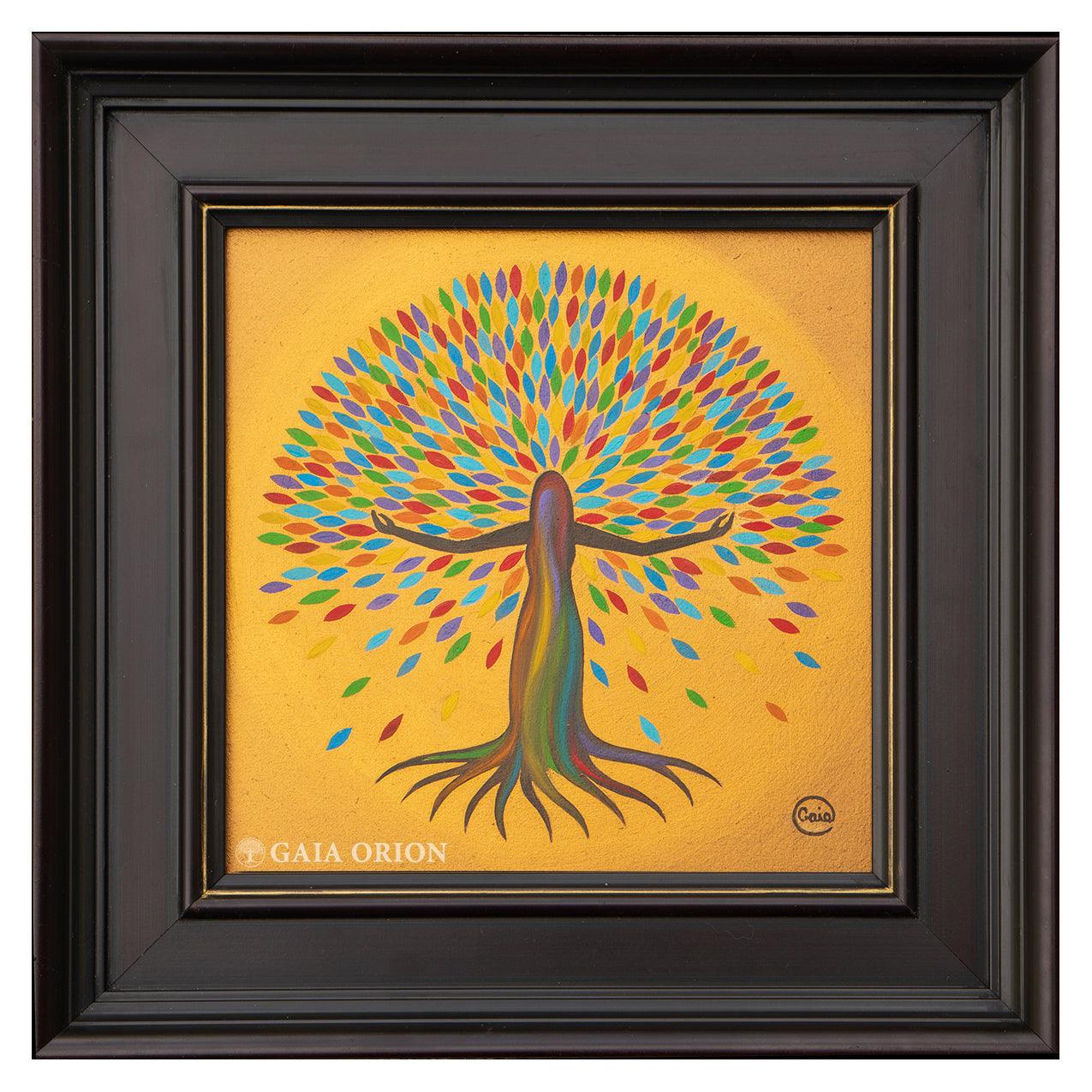 She Flourishes - Oil on Wood 20x20 cm painting, colorful woman-tree figure symbolizing growth and earth healing.