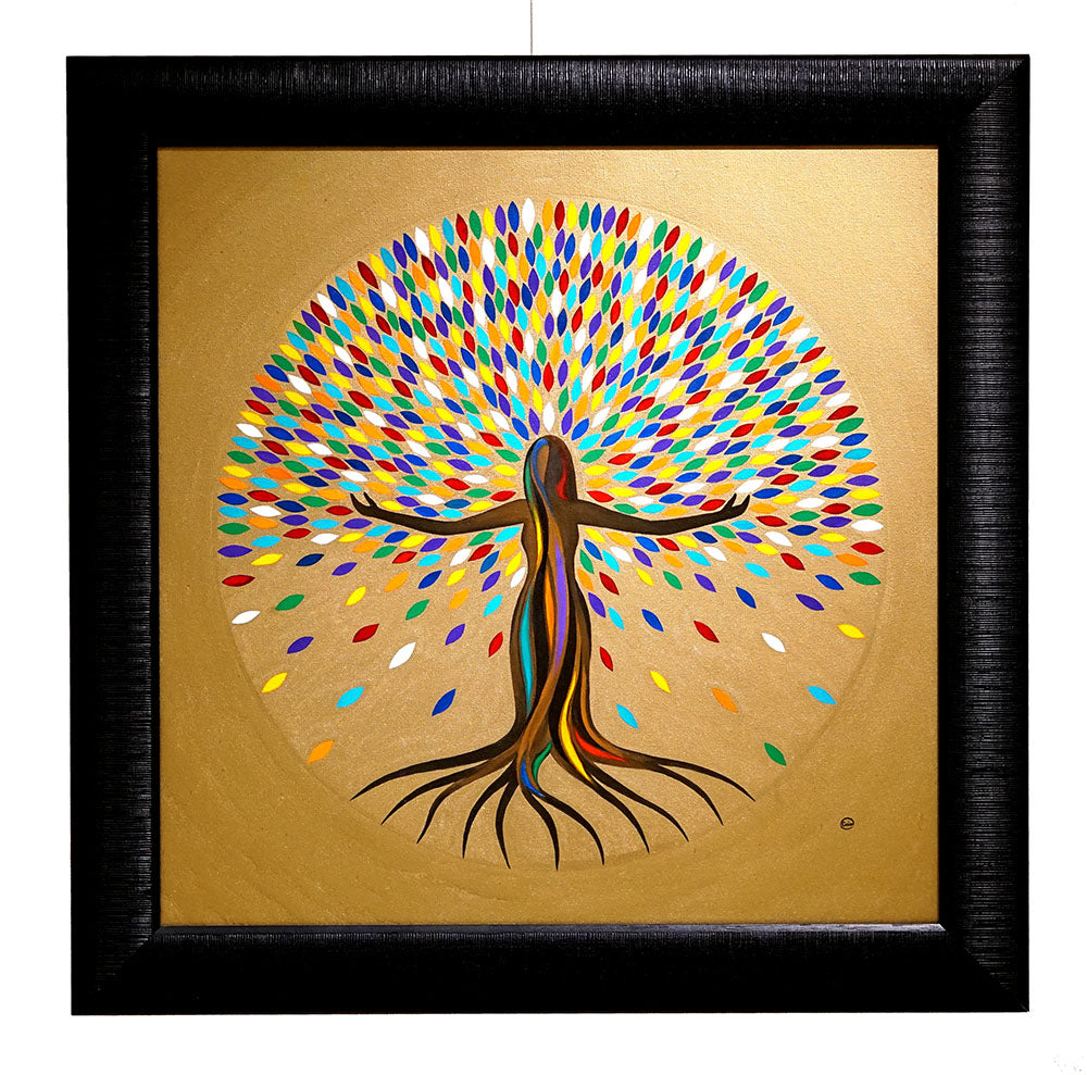She Flourishes - Oil on canvas painting of a woman as a colorful tree symbolizing growth and diversity, 60 x 60 cm.