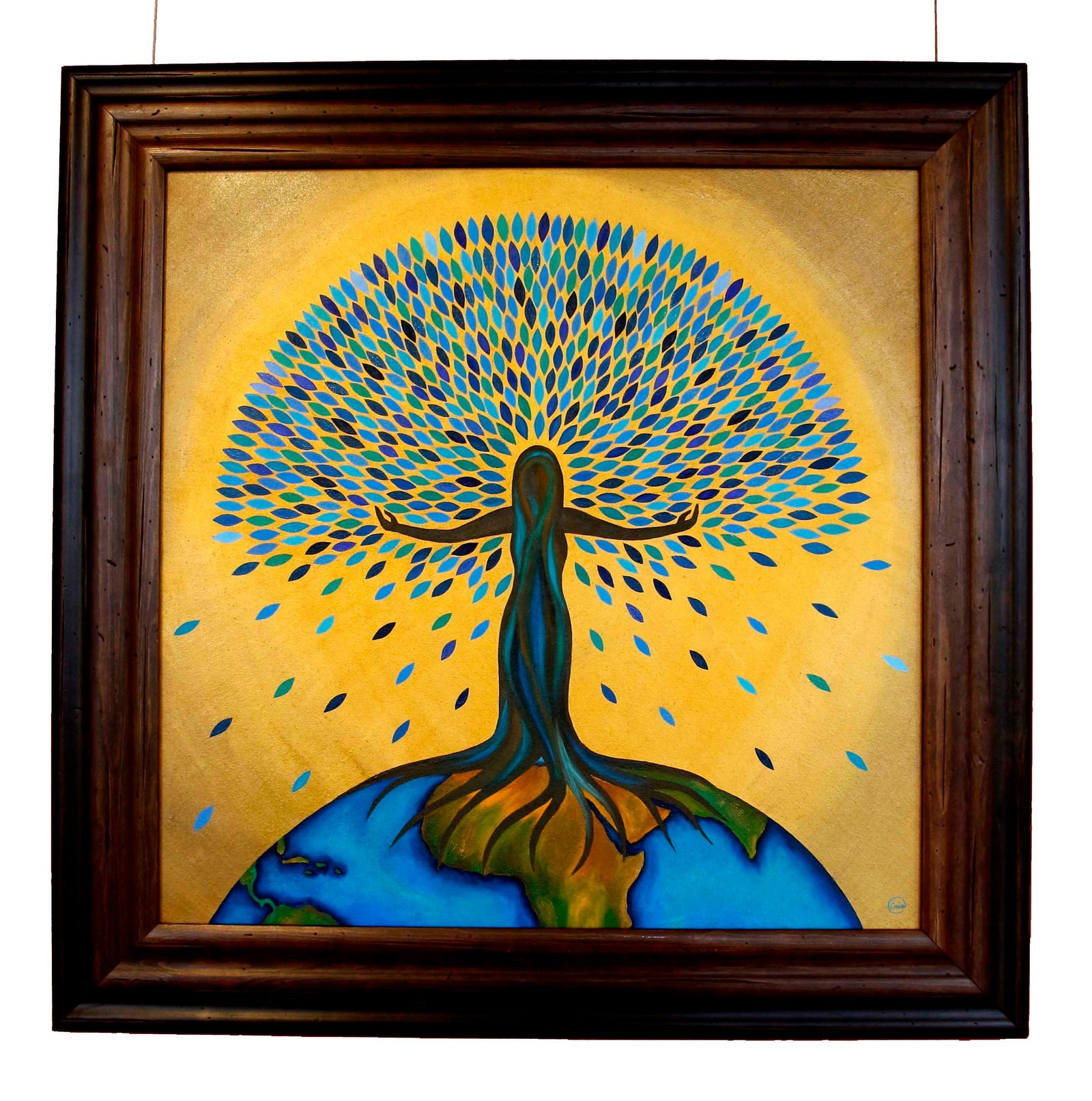 She Flourishes oil on canvas painting of a woman-tree figure with blue leaves on a golden background.