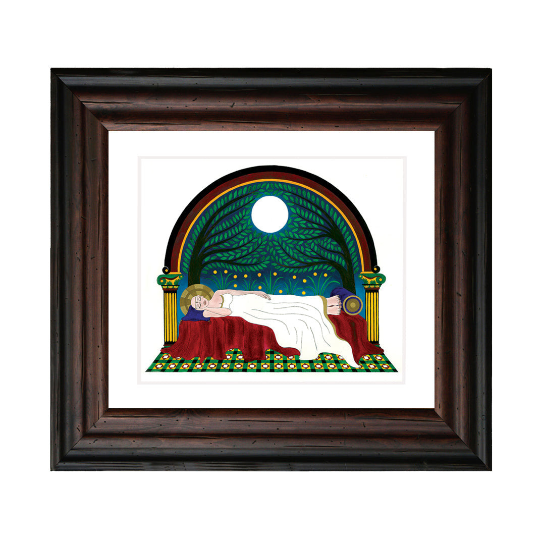 Sleeping Buddha - Oil on Canvas 38x45 cm depicting a peaceful female Buddha sleeping under a moonlit sky with trees and flowers.