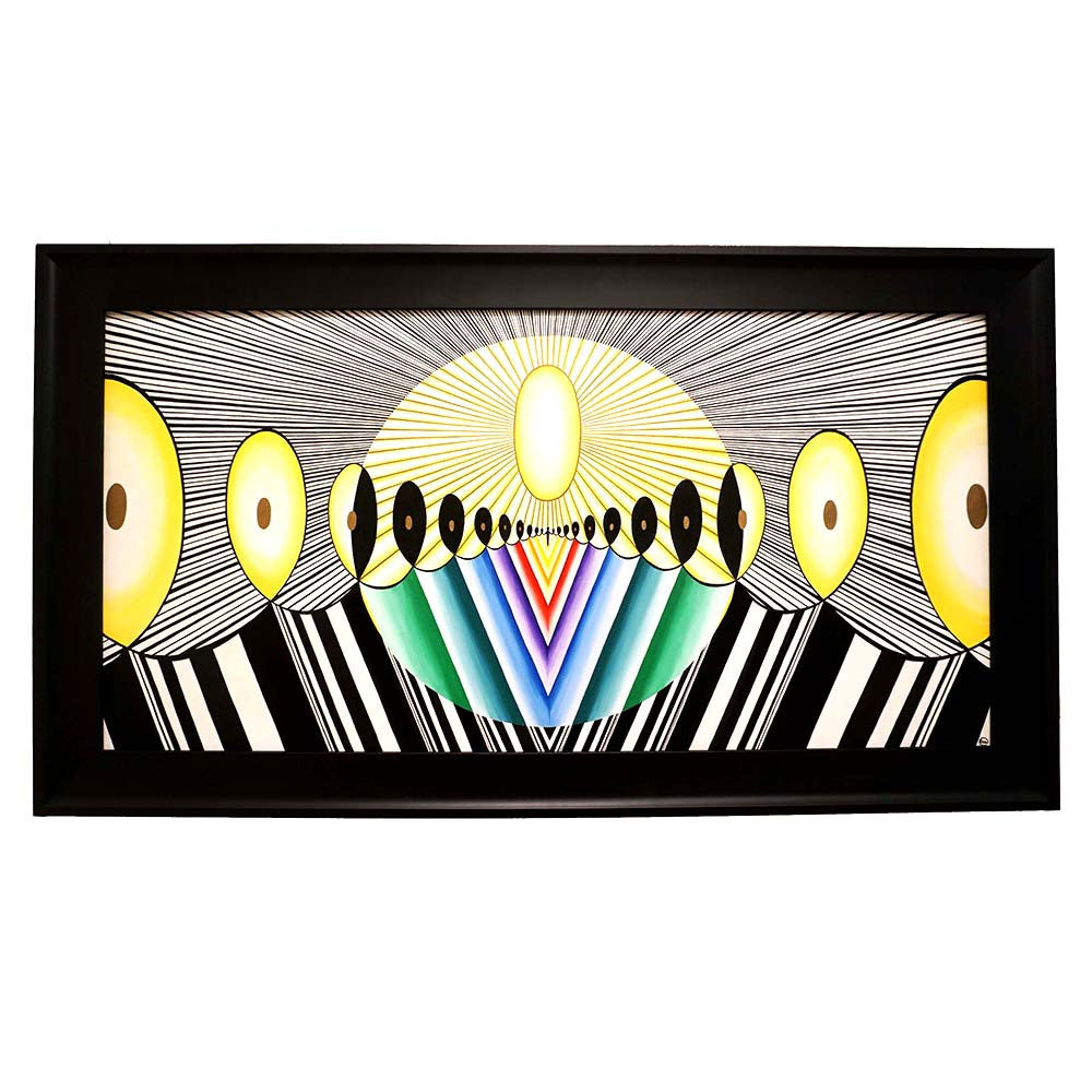 Solar Awakening - Oil on Canvas painting featuring abstract sunburst and geometric shapes in vibrant colors.