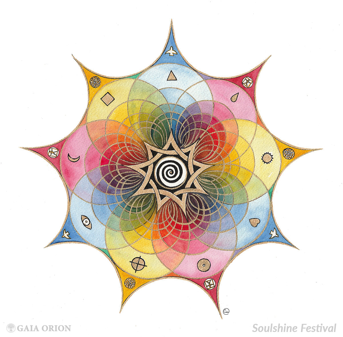A painting called Soulshine with a 9-pointed star design symbols for harmony between mind body and spirit