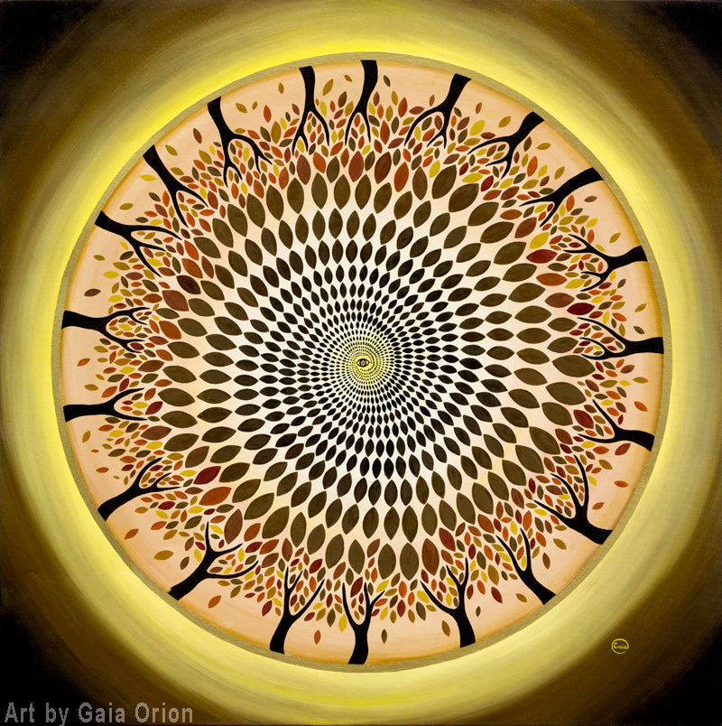 Spirit of the Forest - Oil on Canvas 60x60 cm features a geometric circular tree design symbolizing nature's harmony.