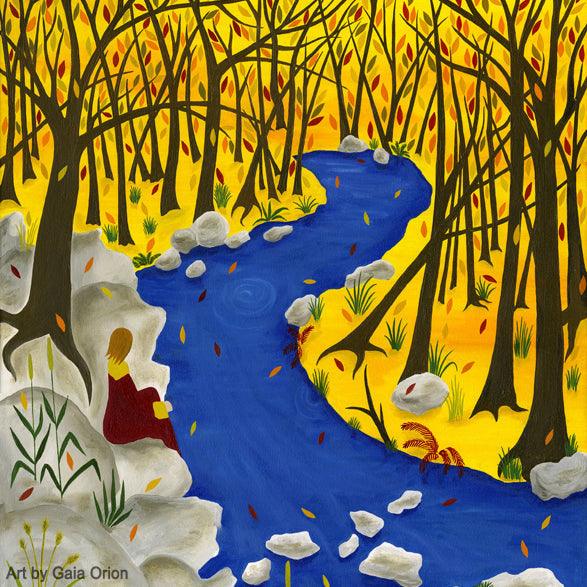 Autumn Reflection Eco Greeting Card showing a person sitting by a river surrounded by autumn trees with yellow leaves.