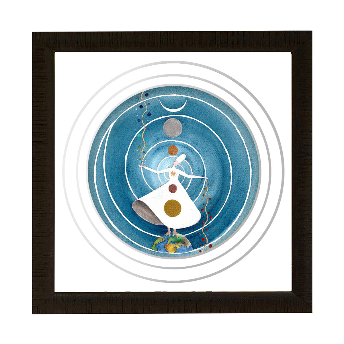 Sufi Dancer - Watercolour 25 x 25 cm shows a whirling dancer linking earth and sky with swirling circles.