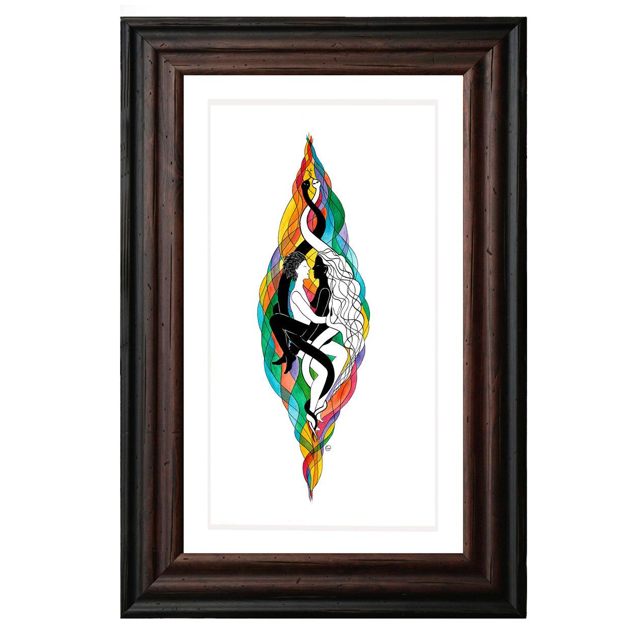 Sacred Tantric Union watercolor illustration of a spiritual union between a man and woman in vibrant colors.