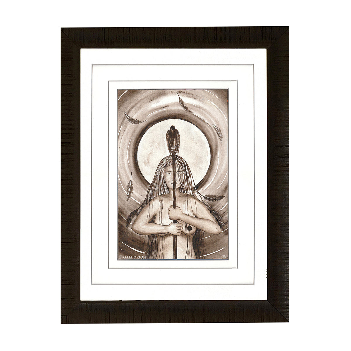 Territory - Watercolour 28 x 15 cm showing a figure holding a staff with a bird, surrounded by feathers and a circular background.