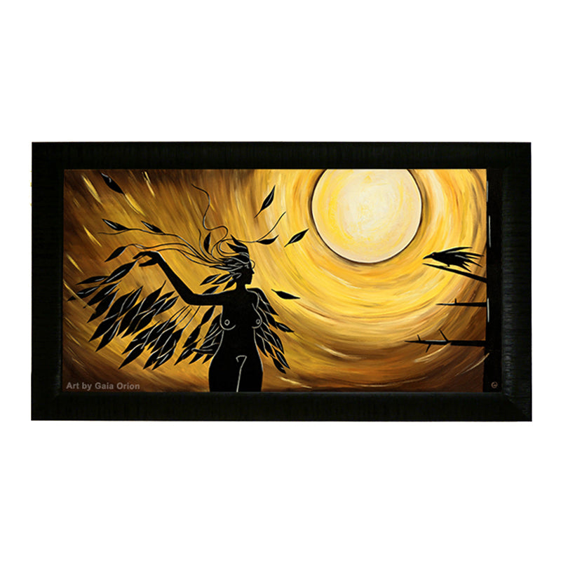 The Call - Oil on Canvas - silhouette of a dancing woman surrounded by black feathers under a glowing sun.