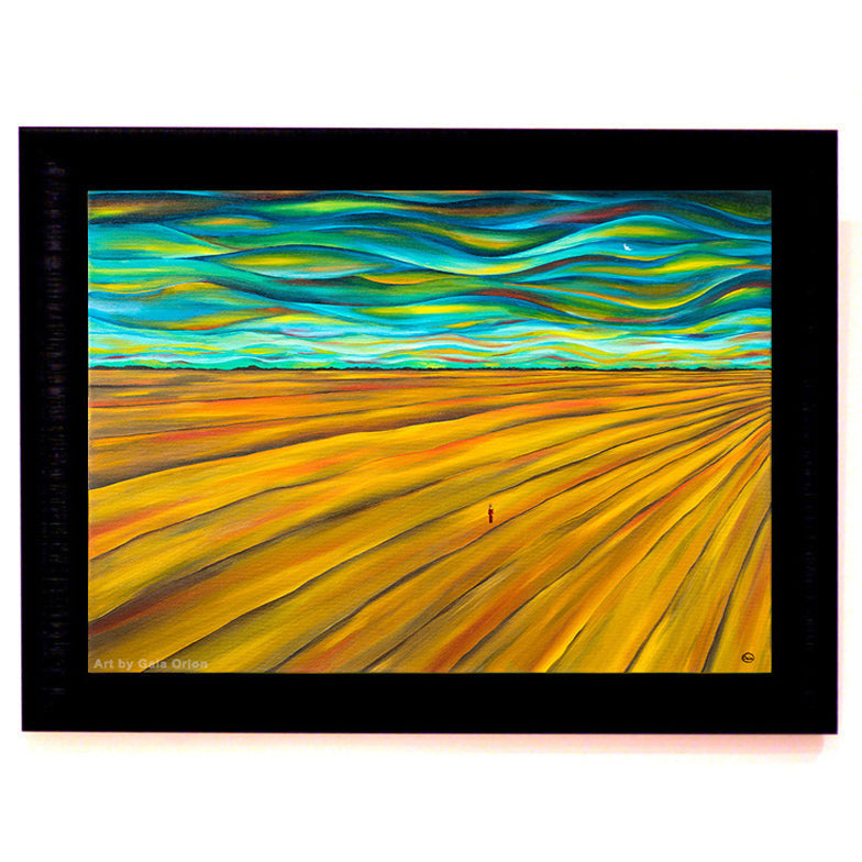 The Man who Felt the Earth oil painting on canvas depicting a lone figure in vast fields under swirling sky 45 x 60 cm