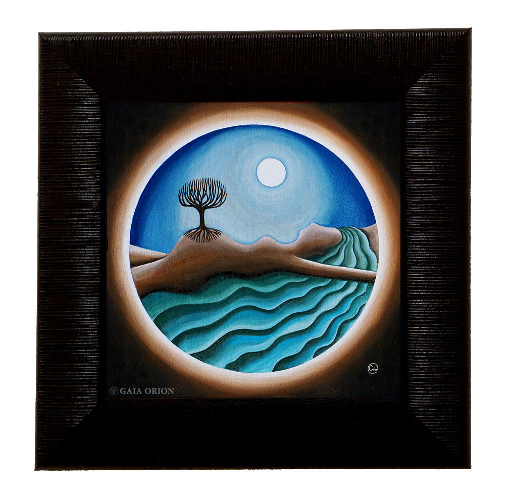 The soul of a child - Oil on Wood painting featuring a full moon, tree, and flowing river in a circular frame.