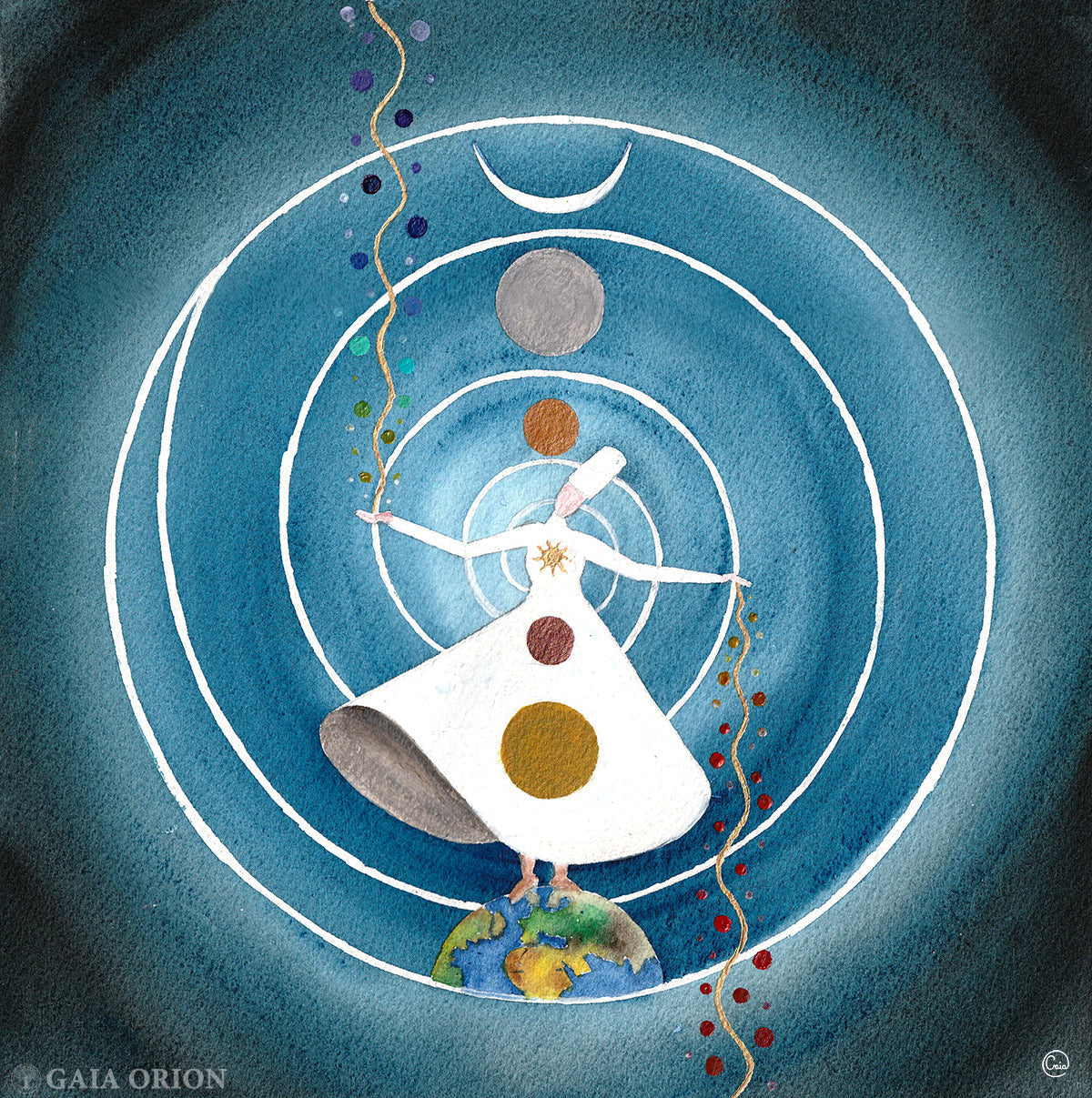 Sufi Dancer - Watercolour 25 x 25 cm shows a whirling dancer linking earth and sky with swirling circles.