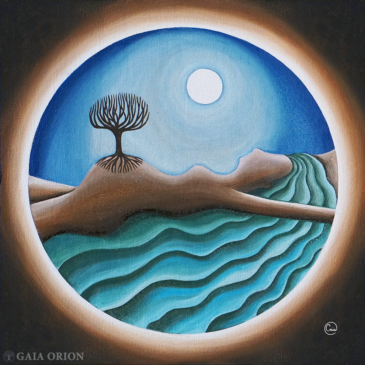 The soul of a child - Oil on Wood painting featuring a full moon, tree, and flowing river in a circular frame.