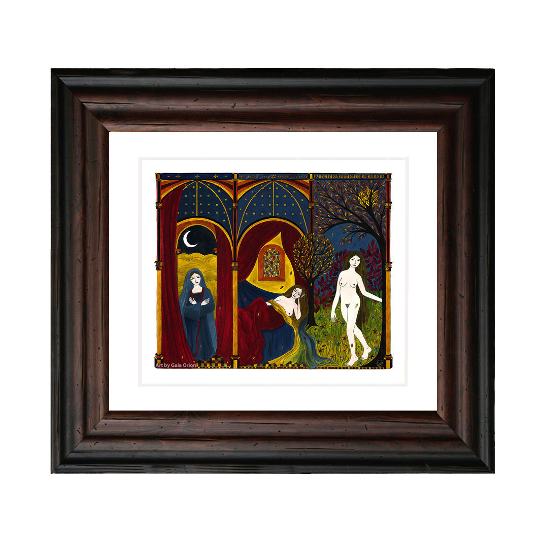 The Virgin, the Whore and the Sinner oil on canvas painting depicting three symbolic female figures in a colorful setting.