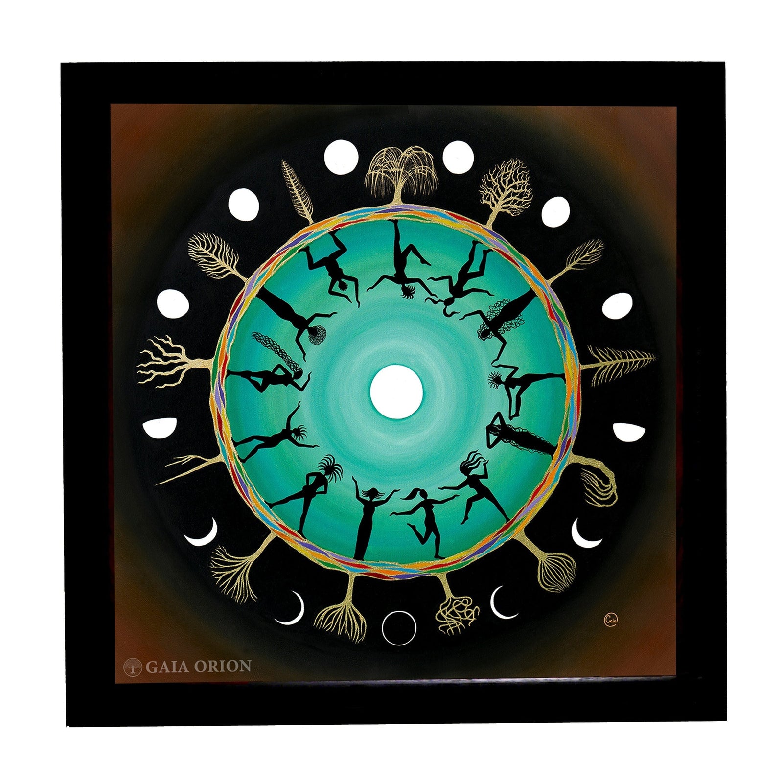 Thirteen Moons - Oil on Canvas depicting thirteen women celebrating the moon's phases in a circular design.