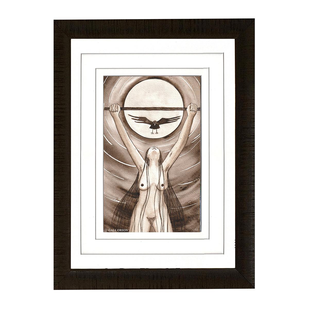 Victory - Watercolour 26 x 17 cm showing a figure lifting a bar with a bird flying in front of a large circular background.