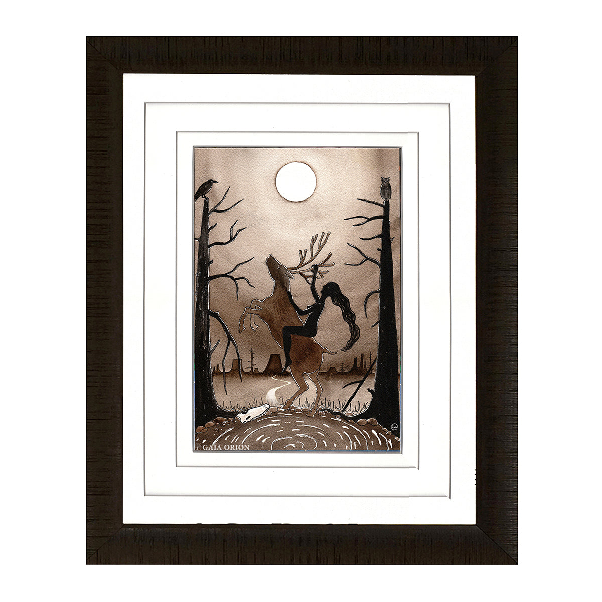 Wild Ride - Watercolour 26 x 18 cm showing a woman riding a deer under a moonlit sky with bare trees and birds.