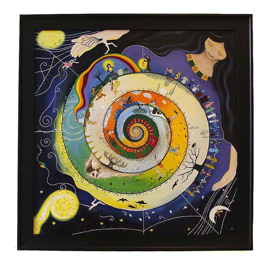 Weaving Her Journey - Oil on Canvas - 90 x 90 cm shows a woman weaving a colorful spiral world.