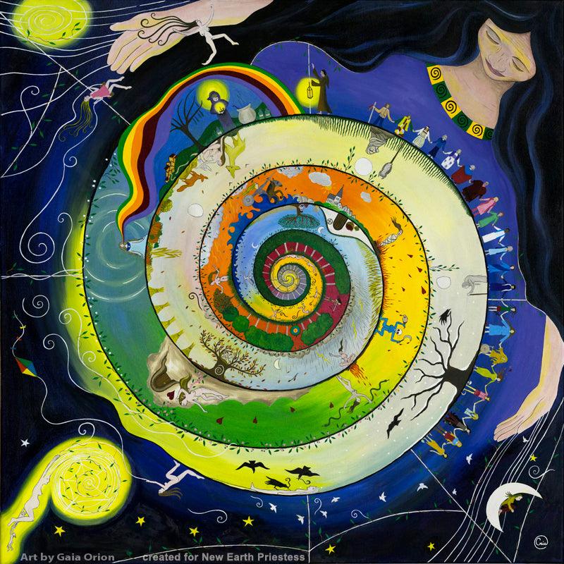 Weaving Her Journey - Oil on Canvas - 90 x 90 cm shows a woman weaving a colorful spiral world.