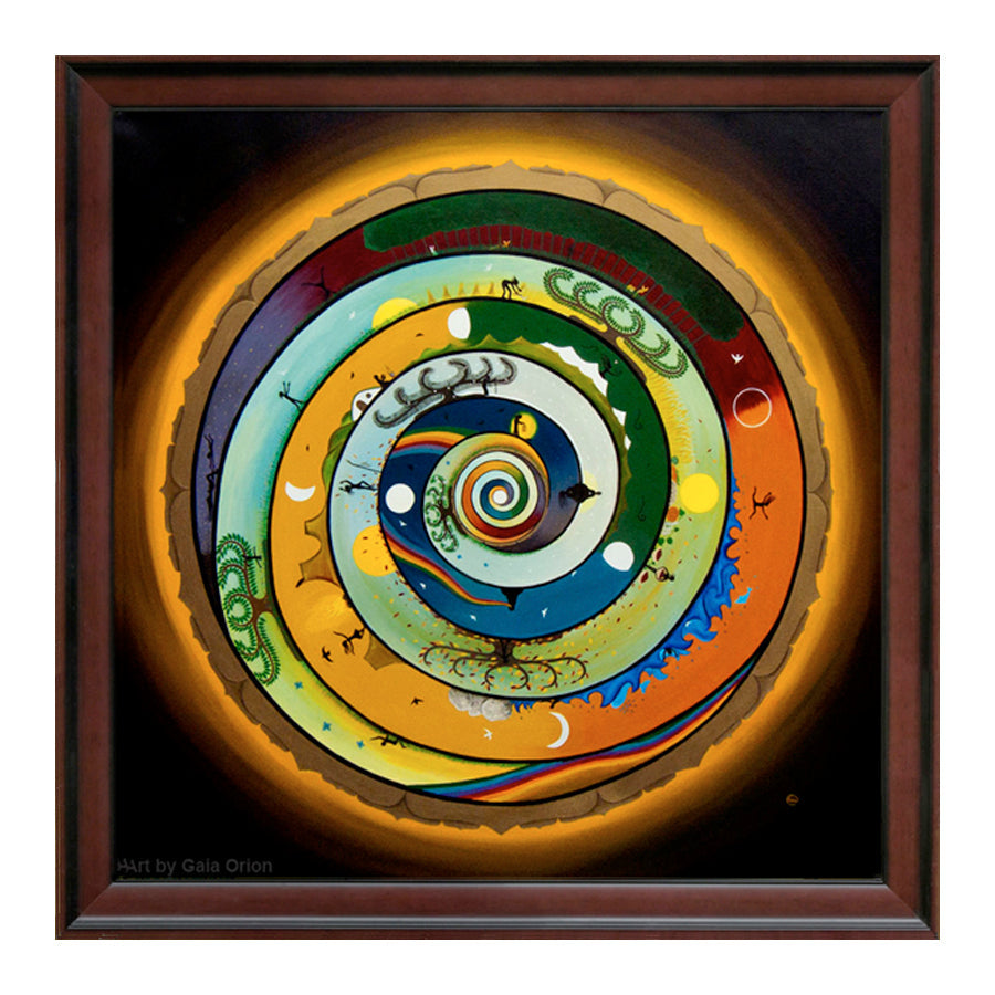 A mandala with two spirals rainbow colors sun and moon cycles and seasons yin and yang heart chakra