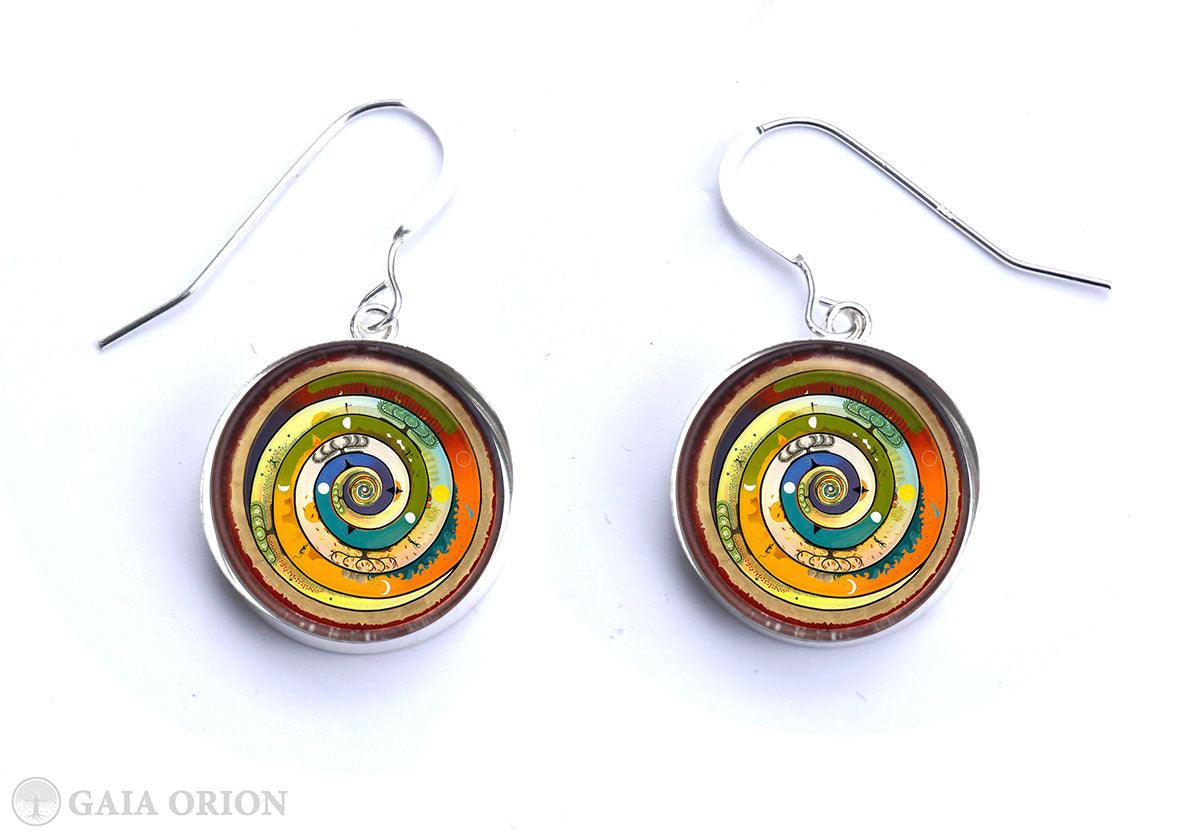 Wholeness Earrings with colorful spiral art on sterling silver medallions, handmade, UV resistant, and anti-allergic.