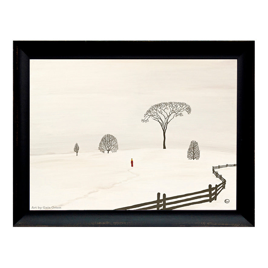 Winter Walk - Oil on Canvas - 45 x 60 cm depicts a snowy landscape with bare trees and a figure walking toward a large elm tree.