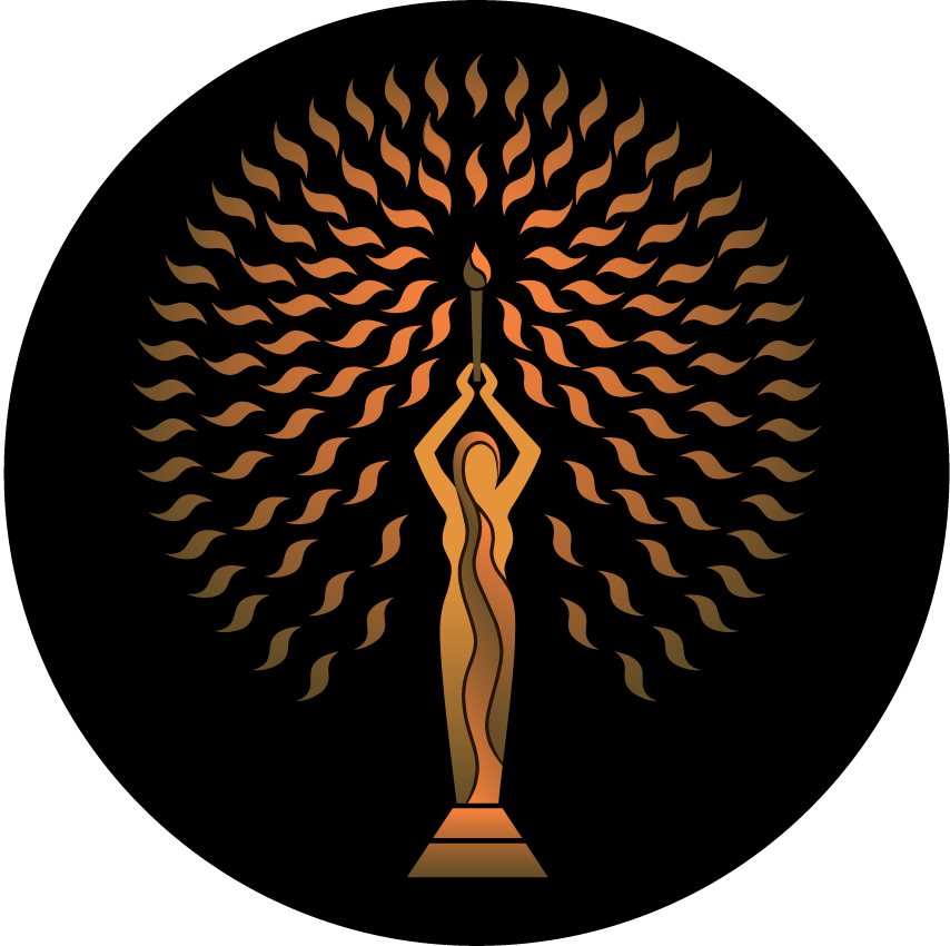 Abstract golden figure holding a candle with radiating flames in a circular pattern for New Moon Zoom™ product.