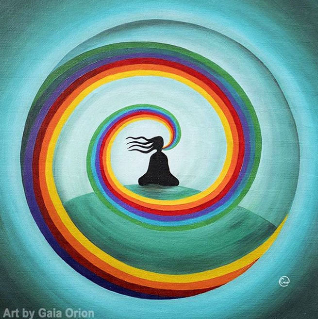 Om - Oil on Wood- 20 x 20 cm features a meditative silhouette surrounded by vibrant rainbow spirals on a teal background.