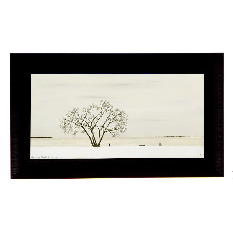 Under my Willow - Oil on Canvas - 30 x 60 cm depicts a solitary leafless tree with a small figure beneath it in a minimalist landscape.